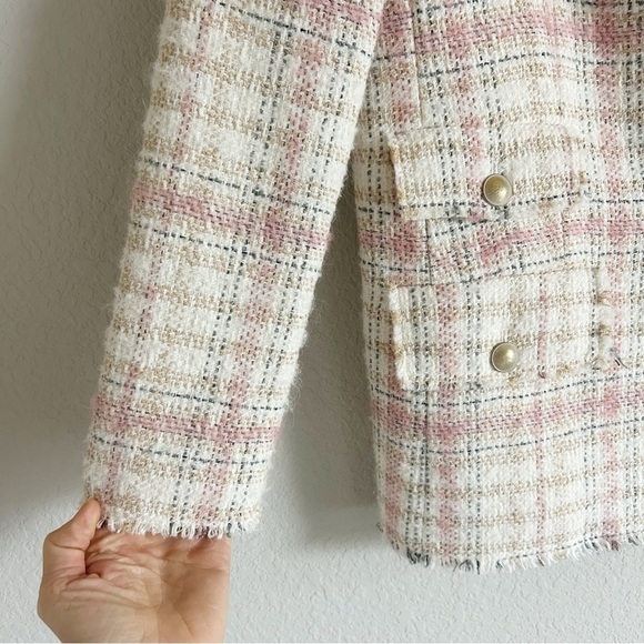 Rebecca Taylor Gabrielle Classic Jacket Plaid Tweed Blazer Sz 6 Pink Tan Cream - Picture 6 of 15